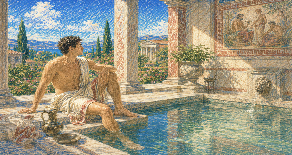Colored pencil illustration of a young Roman man resting beside a marble bath in a sunlit villa, with a vivid garden, classical columns, and a Greek-style wall fresco.