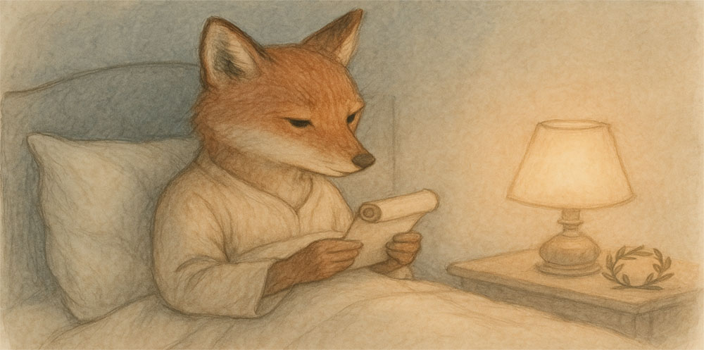 A soft pencil and watercolor illustration of a fox sitting in bed in a calm human-like pose, reading a small scroll. A warm bedside lamp glows beside a laurel wreath. The scene feels quiet, cozy, and ritual-like.