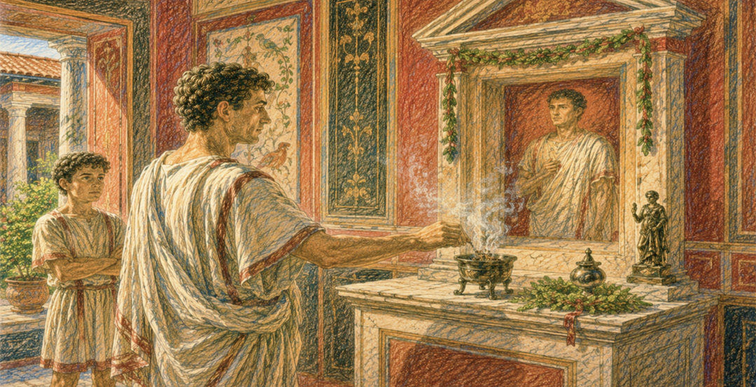Colored pencil illustration of a Roman man offering incense at a household shrine while his young son watches, with red walls, garlands, and a painted genius figure above the altar.